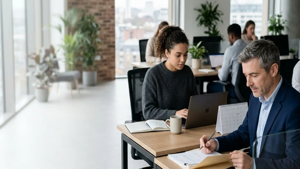 Manager preparing for a probation check-in with a new employee in a small office.