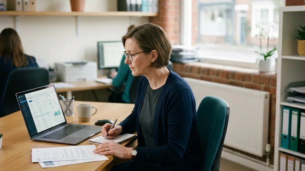 Small business manager reviewing employee records at a desk.